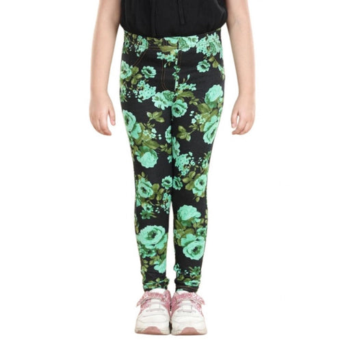Girl's Cotton Lycra Floral Elasticated Jeggings (Black-Green)